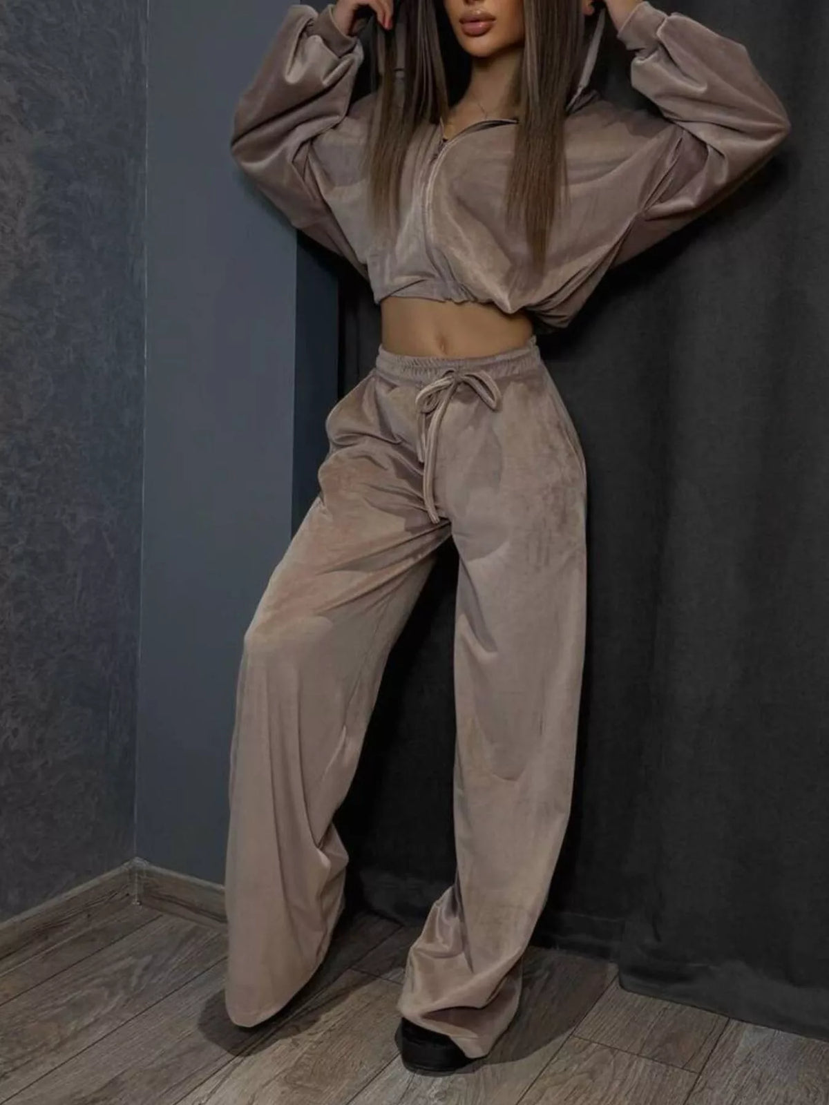 Zip Up Hoodie and Wide-Leg Pants Set