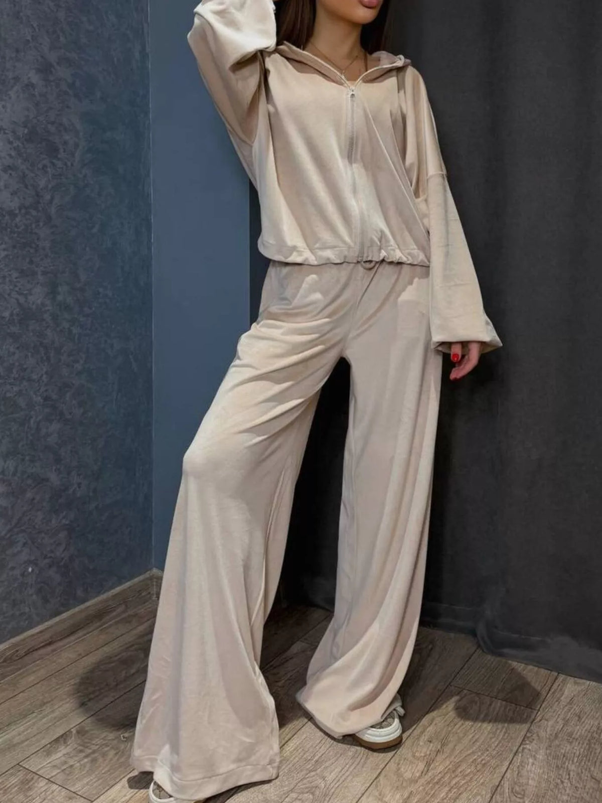 Zip Up Hoodie and Wide-Leg Pants Set