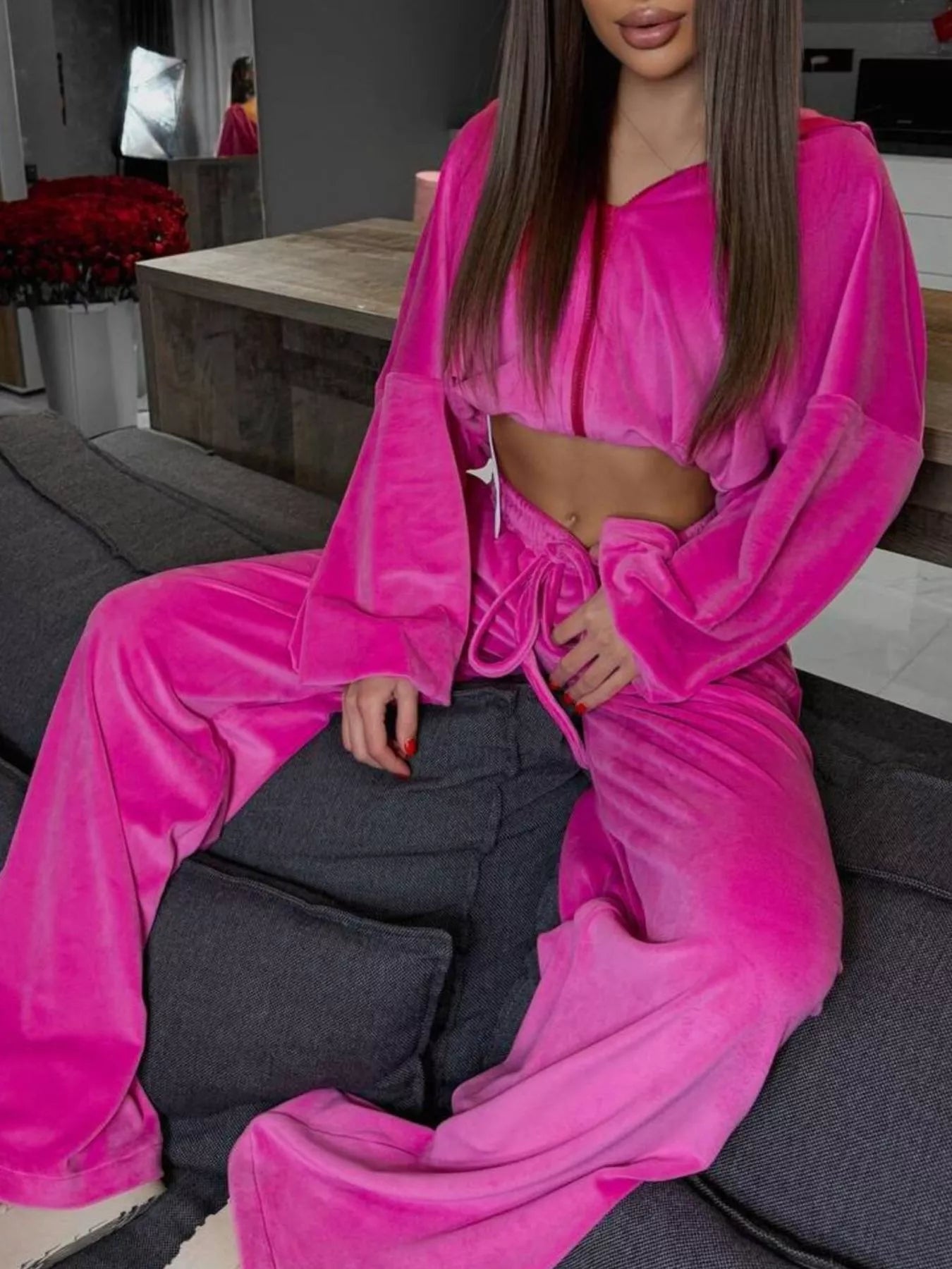 Zip Up Hoodie and Wide-Leg Pants Set