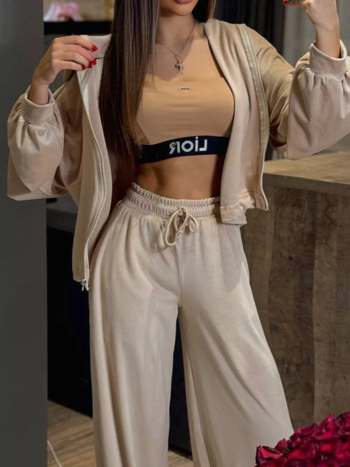 Zip Up Hoodie and Wide-Leg Pants Set Apricot / S