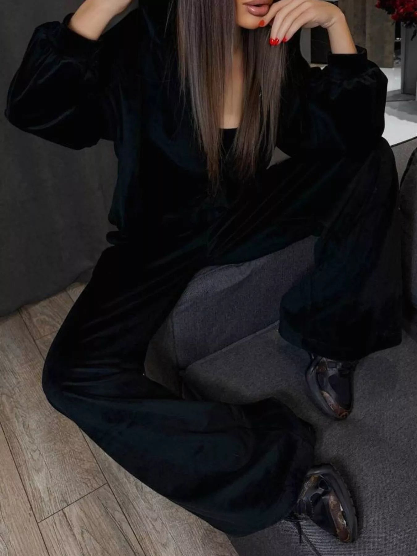 Zip Up Hoodie and Wide-Leg Pants Set Black / S