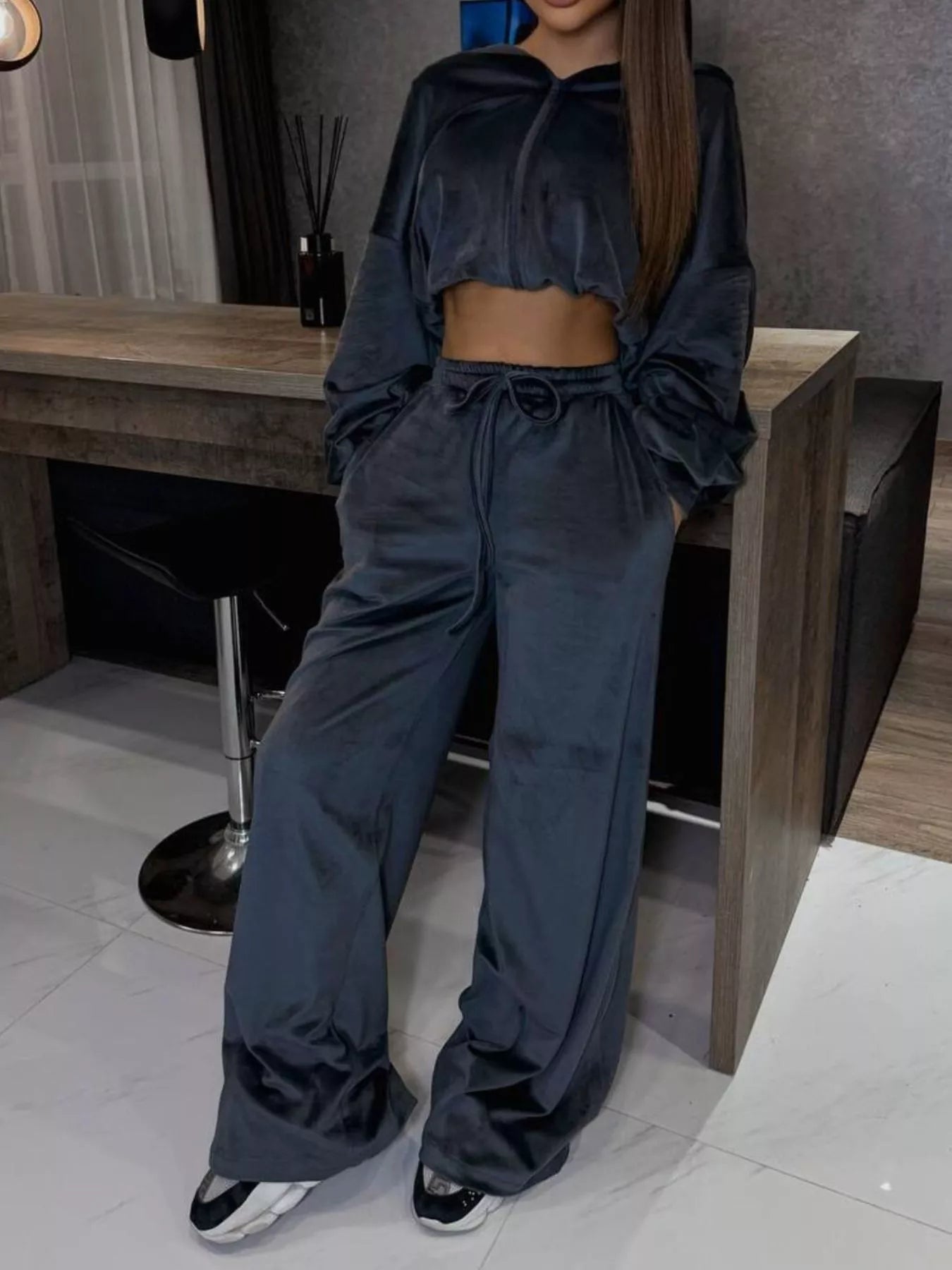 Zip Up Hoodie and Wide-Leg Pants Set Grey / S